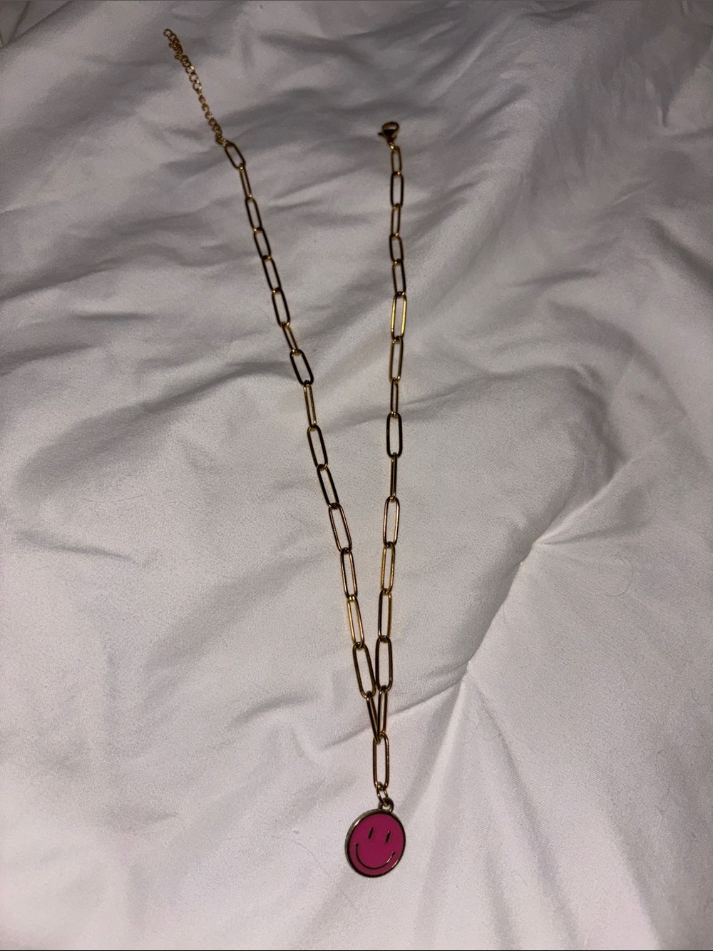 Gold Chain Necklace with Pink Smiley Pendant - Women Jewelry